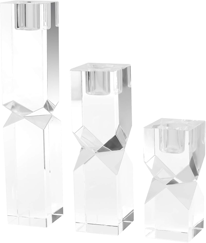 Handcrafted Crystal Candle Holders Set - Clear Glass Tapered Design for Home Decor