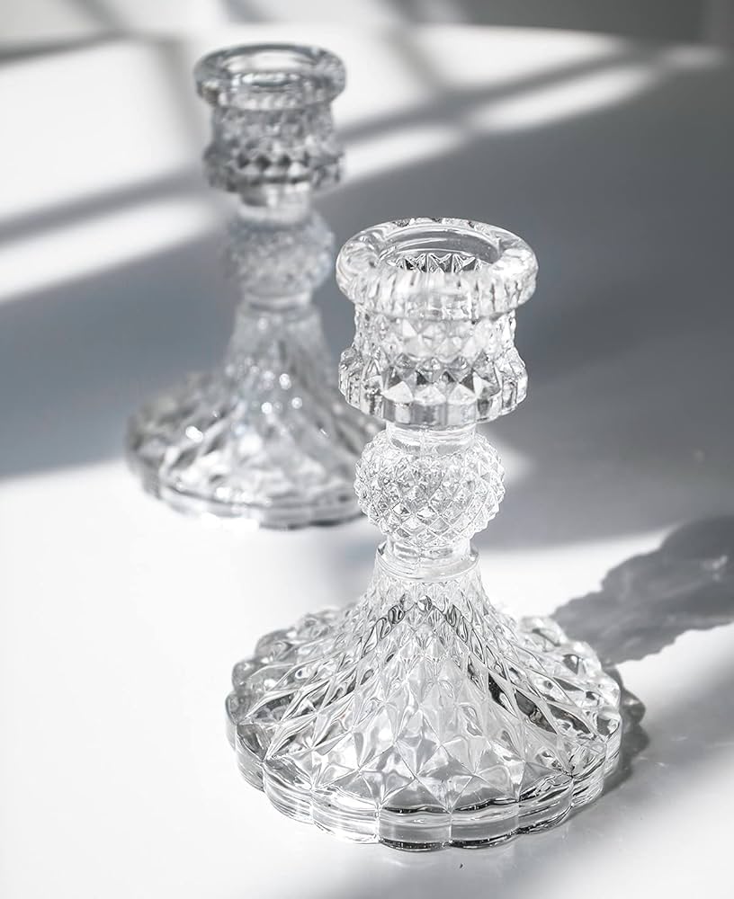 Handcrafted Crystal Candle Holders Set - Clear Glass Tapered Design for Home Decor