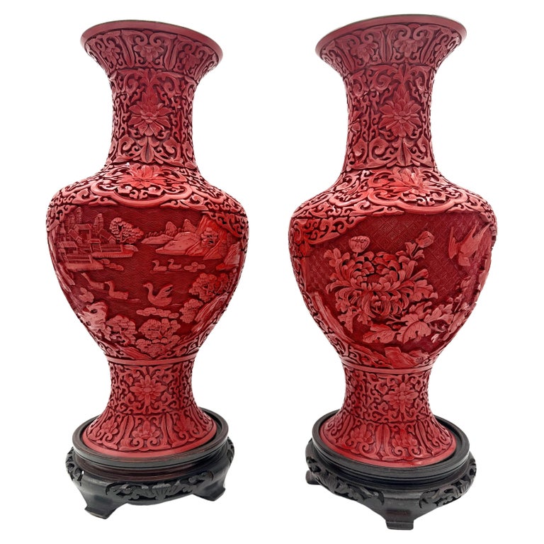 Authentic Chinese Cinnabar Vases: Unique Hand-Carved Lacquer Designs