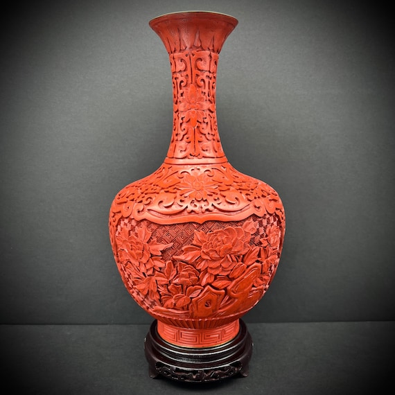 Authentic Chinese Cinnabar Vases: Unique Hand-Carved Lacquer Designs