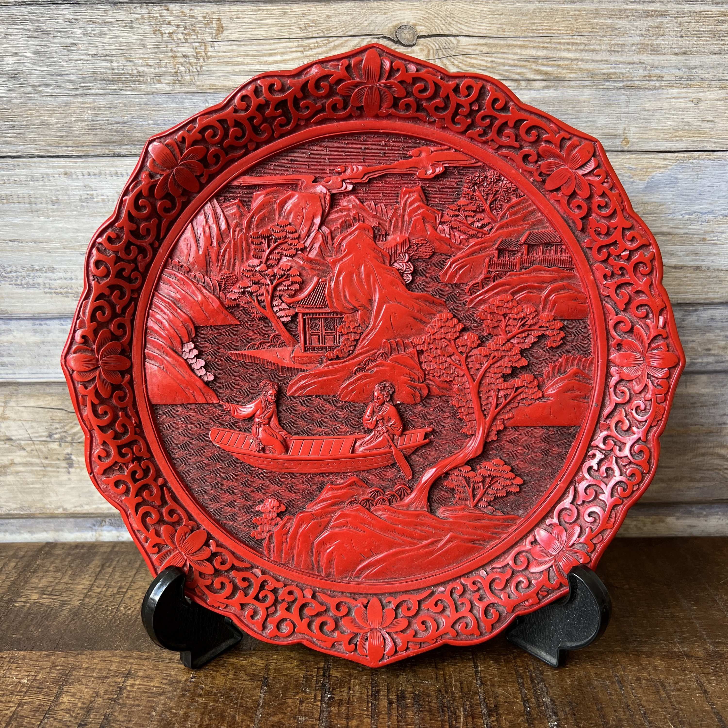 Antique Chinese Cinnabar Plate – Hand-Carved Red Lacquer Dish for Sale