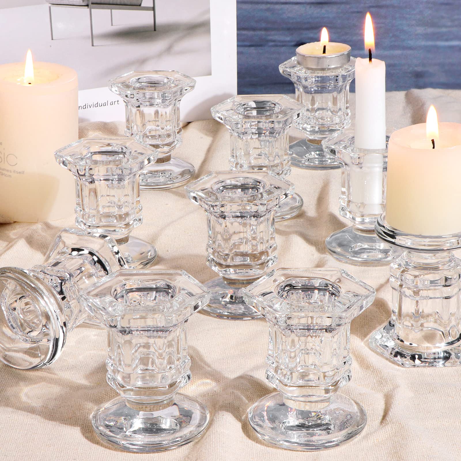 Handcrafted Crystal Candle Holders Set - Clear Glass Tapered Design for Home Decor