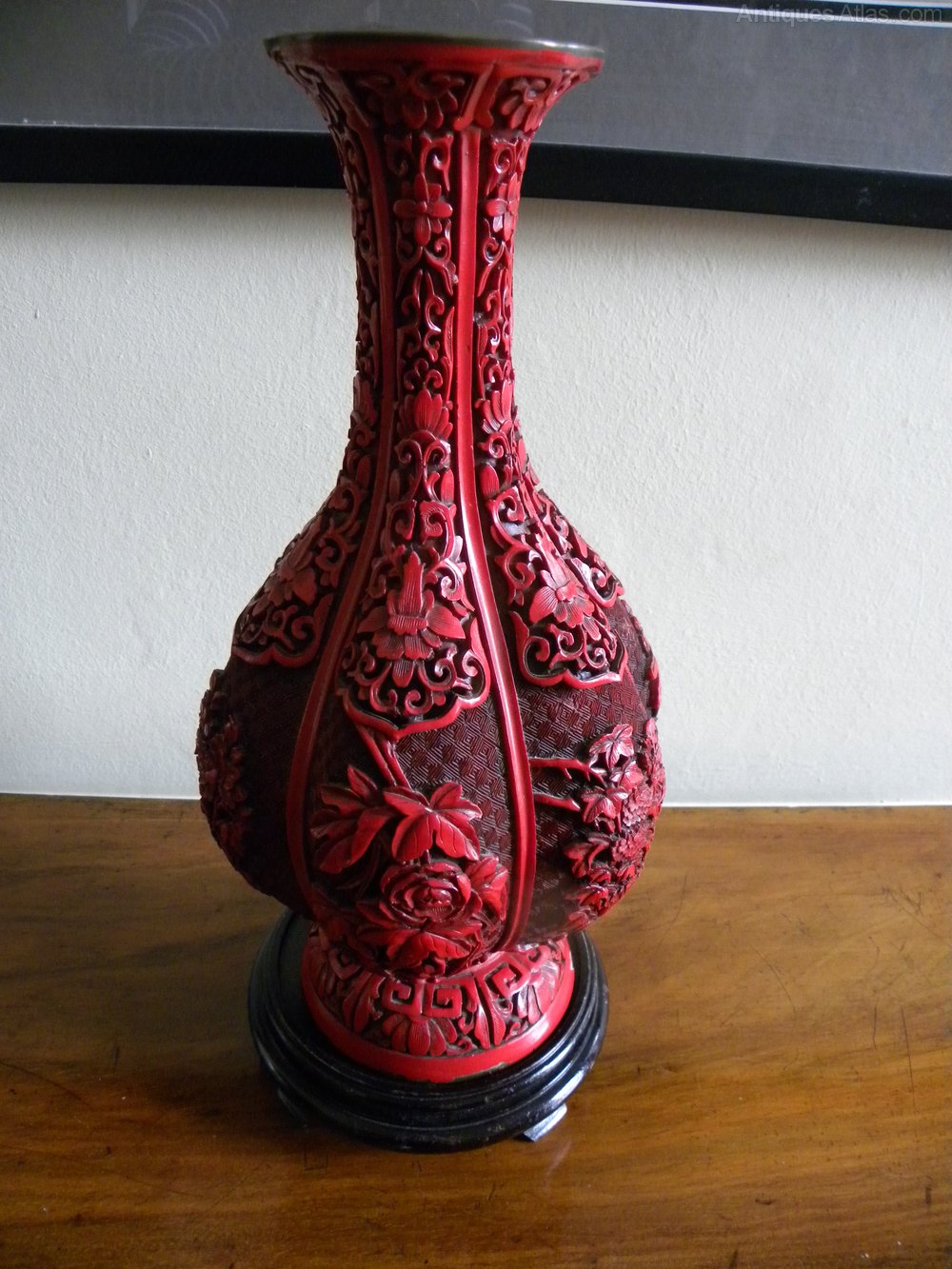 Antique Chinese Cinnabar Vase, Superb Example